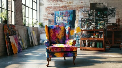 Fototapeta premium A colorful armchair sits in a bright, spacious art studio with paintings, large windows, and shelves filled with art supplies.