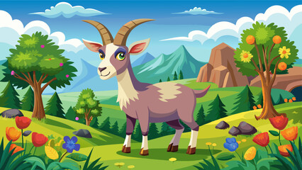 Obraz premium Cartoon goat with curved horns standing in a vibrant mountain landscape with flowers, trees and rocky hills in the background