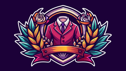 Stylized cartoon emblem featuring a red suit, roses, laurel leaves and a blank ribbon banner on a dark background