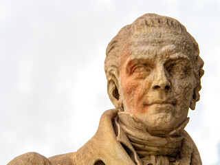 Marble bust of Adamantios Korais, the Greek scholar who shaped Greek literature and played a pivotal role in the Greek Enlightenment. Space for text and logo.