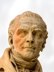 Marble bust of Adamantios Korais, the Greek scholar who shaped Greek literature and played a pivotal role in the Greek Enlightenment. Space for text and logo.