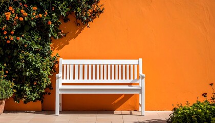 White bench in vibrant orange wall with blooming foliage with perfect for relaxing.