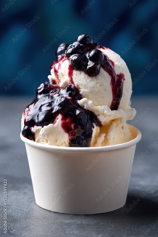 Poster Vanilla Ice Cream in a Paper Cup Drizzled With Blueberry Sauce, Representing Indulgence and Sweet Reward : Generative AI