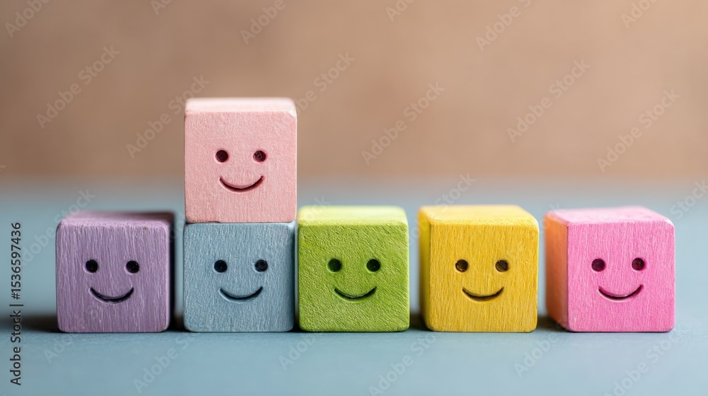 Poster Colorful Wooden Blocks Stacked With Smiling Faces, Symbolizing Positivity and Team Building for Business Success and Optimistic Outlook : Generative AI