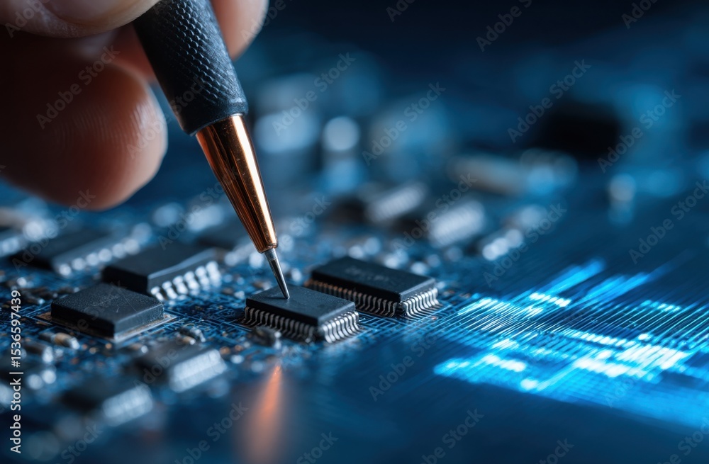 Poster Precision Adjustment of Microchip With Fine Tipped Tool on Circuit Board, Illustrating Advanced Technology and Engineering Solutions for Digital Transformation : Generative AI