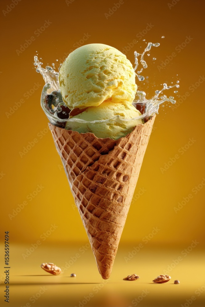 Poster lemon ice cream cone with water splash on yellow background, representing summer indulgence and refr