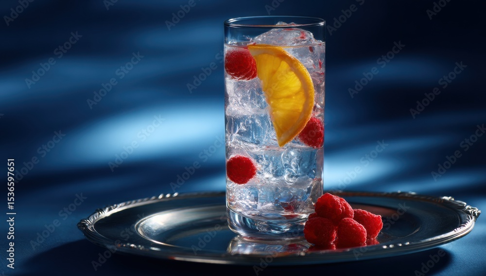 Poster refreshing drink with raspberries and orange slice on silver tray, representing summer relaxation an