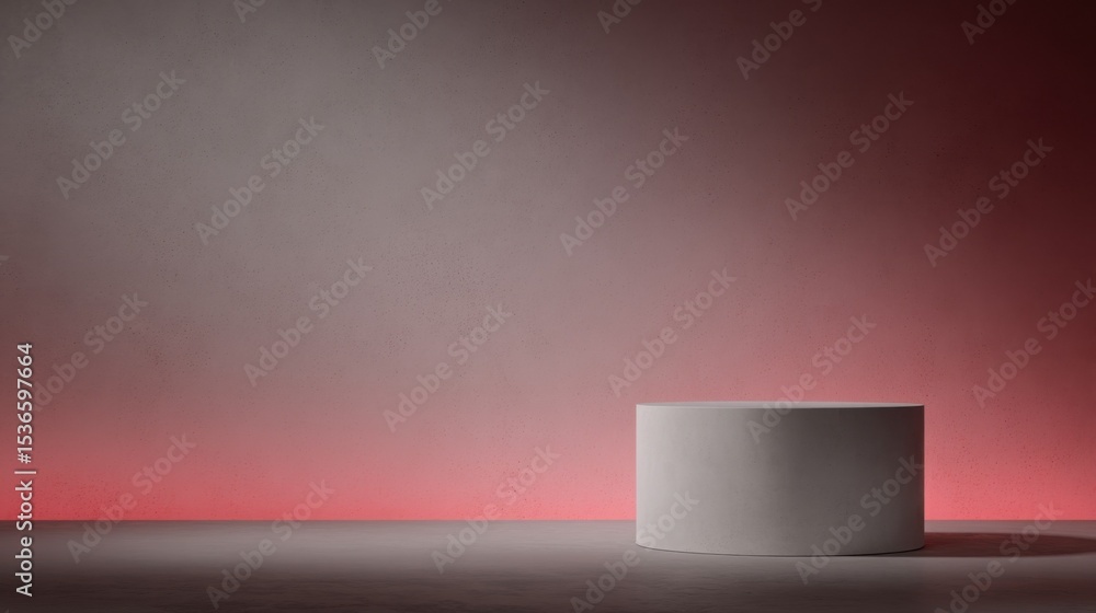 Poster cylindrical podium against red gradient wall, ideal for product showcase and creative presentation, 