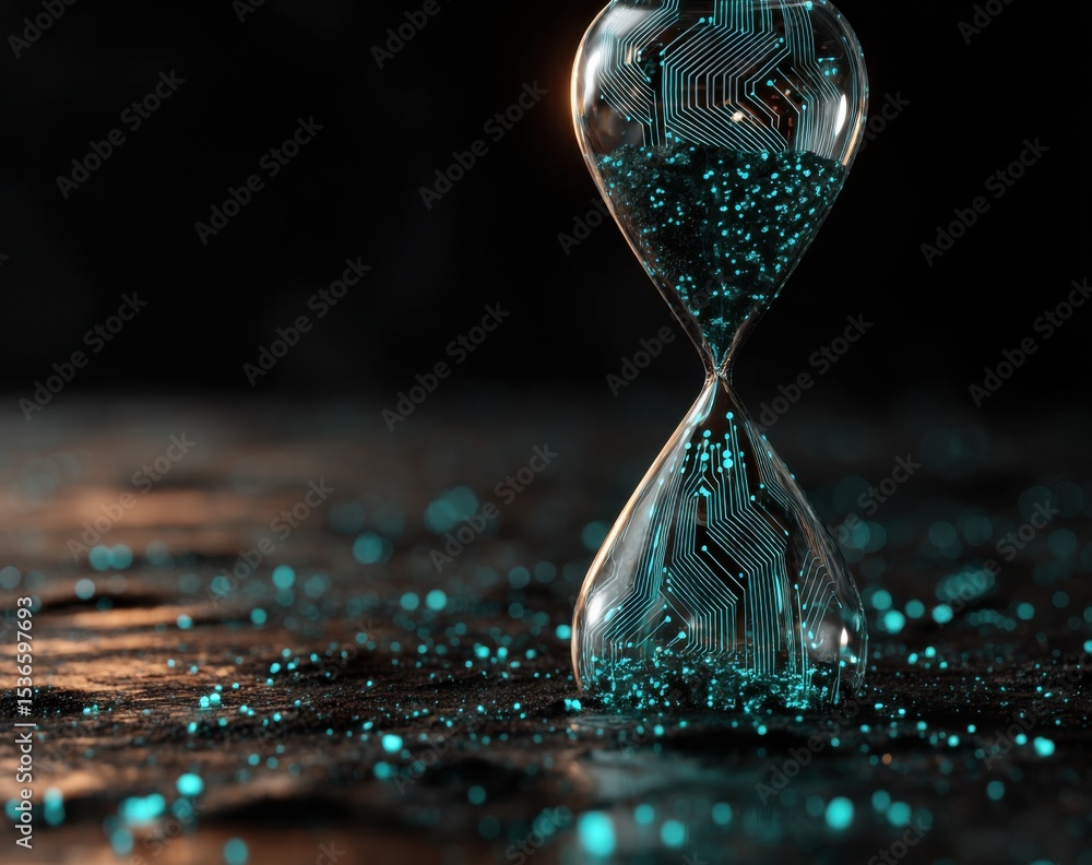 Poster Hourglass Filled With Circuit Board Particles, Symbolizing Technological Progress and Time Management in the Digital Age, Ideal for Innovation Concepts : Generative AI