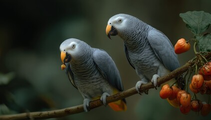 Obraz premium Two African Grey Parrots Perched on a Branch Eating Fruit, Symbolizing Exotic Wildlife and Conservation Efforts : Generative AI
