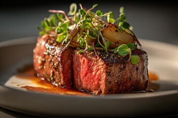 Perfectly Cooked Steak Topped With Microgreens on a Plate, Showcasing Culinary Excellence and Food Photography : Generative AI