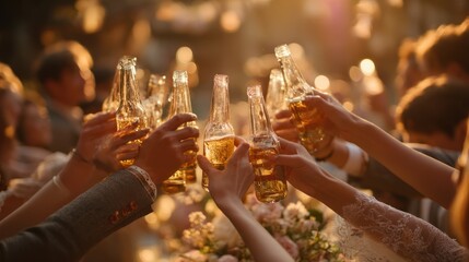 Photograph the wedding party raising glasses or bottles in a celebratory toast, capturing the festive spirit of the occasion
