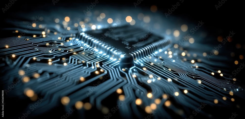 Poster Illuminated Microchip and Circuit Board, Symbolizing Artificial Intelligence and Technological Advancement for Digital Transformation Projects : Generative AI