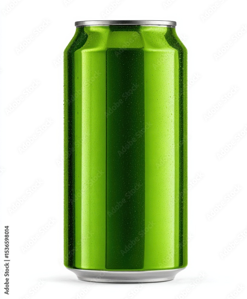 Poster shiny green soda can with water droplets against white background, ideal for refreshment advertising