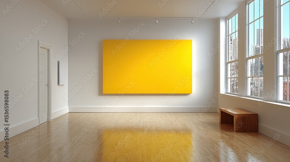 Poster modern art gallery interior with large yellow canvas, showcasing minimalist design and creative expr