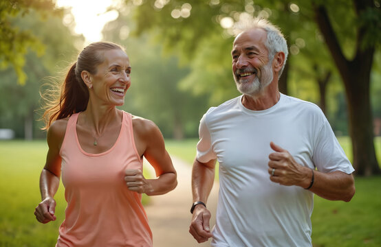 Happy senior couple runs together at summer park. Smiling mature man, woman enjoying morning jog, keeping body fit. Active elderly people lifestyle, healthy living. Joyful relationship, retirement