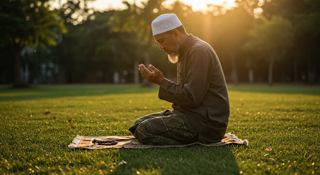 Muslim Man in Prayer at Sunset with Hands Raised in Gratitude Outdoors