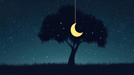A crescent moon hangs from a lone tree's branch under a dark, starry night sky, silhouetted against a teal-blue backdrop, with a grassy foreground