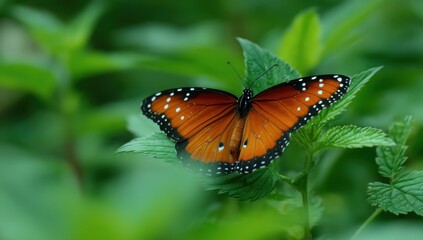 Fototapeta premium Monarch Butterfly Perched on Green Leaf, Symbolizing Natural Beauty and Environmental Conservation Efforts, Perfect for Ecology and Wildlife Awareness Campaigns : Generative AI