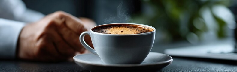 Obraz premium Steaming cup of coffee on a desk in an office environment, providing a sense of warmth and relaxation during a busy workday