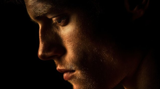 Profile shot of the subject with a strong side light highlighting the contours of his face and casting deep shadows, conveying a sense of mystery and depth