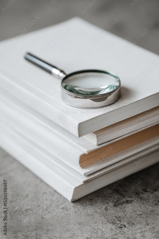 Poster stack of white books with magnifying glass, symbolizing research and educational resources for acade