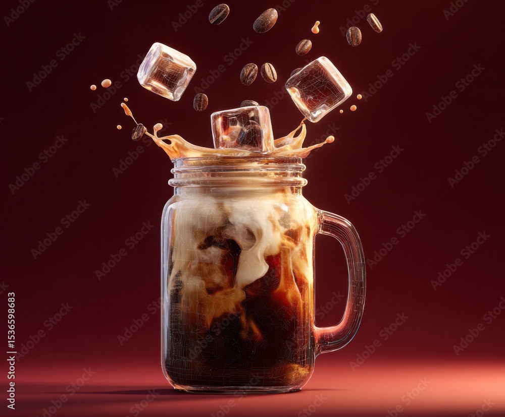 Poster iced coffee in mason jar with coffee beans and ice cubes, representing refreshment and summer indulg