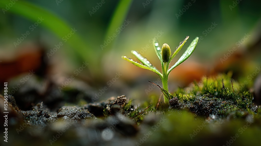 Aufkleber Tiny Sprout Emerging From Soil With Water Droplets, Symbolizing Growth and Environmental Stewardship in a Macro View : Generative AI
