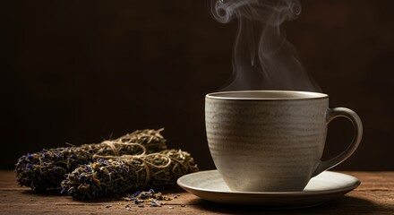 Hot Herbal Tea with Smoking Cup and Dried Sage Bundles