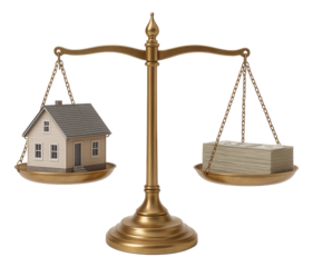 A brass balance scale with a model house on one side and a stack of money on the other, symbolizing real estate value on transparent background.