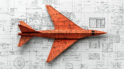 Orange paper airplane model on technical blueprints