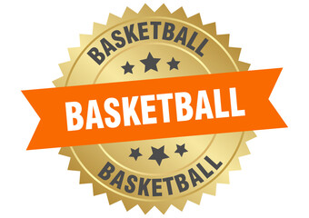 basketball. basketball round orange and gold label isolated on transparent background