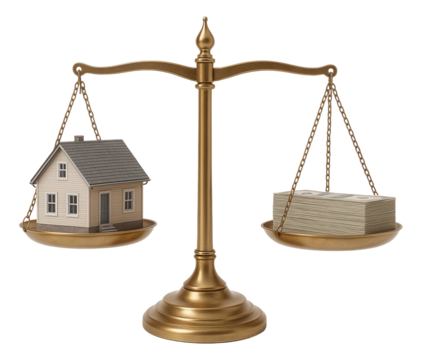 A brass balance scale with a model house on one side and a stack of money on the other, symbolizing real estate value on transparent background.