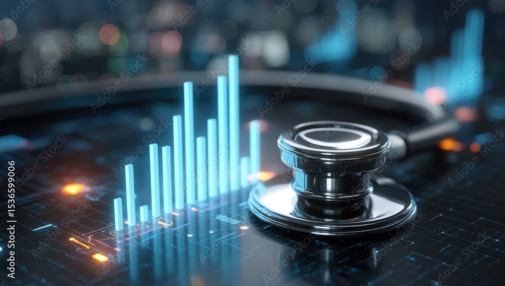 Aufkleber Stethoscope on Data Graph Background, Representing Healthcare Analytics and Financial Health Monitoring for Investment Decisions and Business Growth : Generative AI