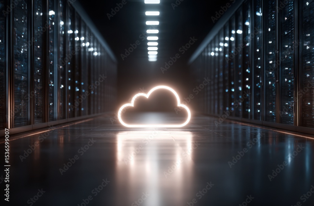 Aufkleber Glowing Cloud Symbol in Data Center Aisle, Illustrating Cloud Computing and Digital Transformation for Technology Solutions and Innovation : Generative AI