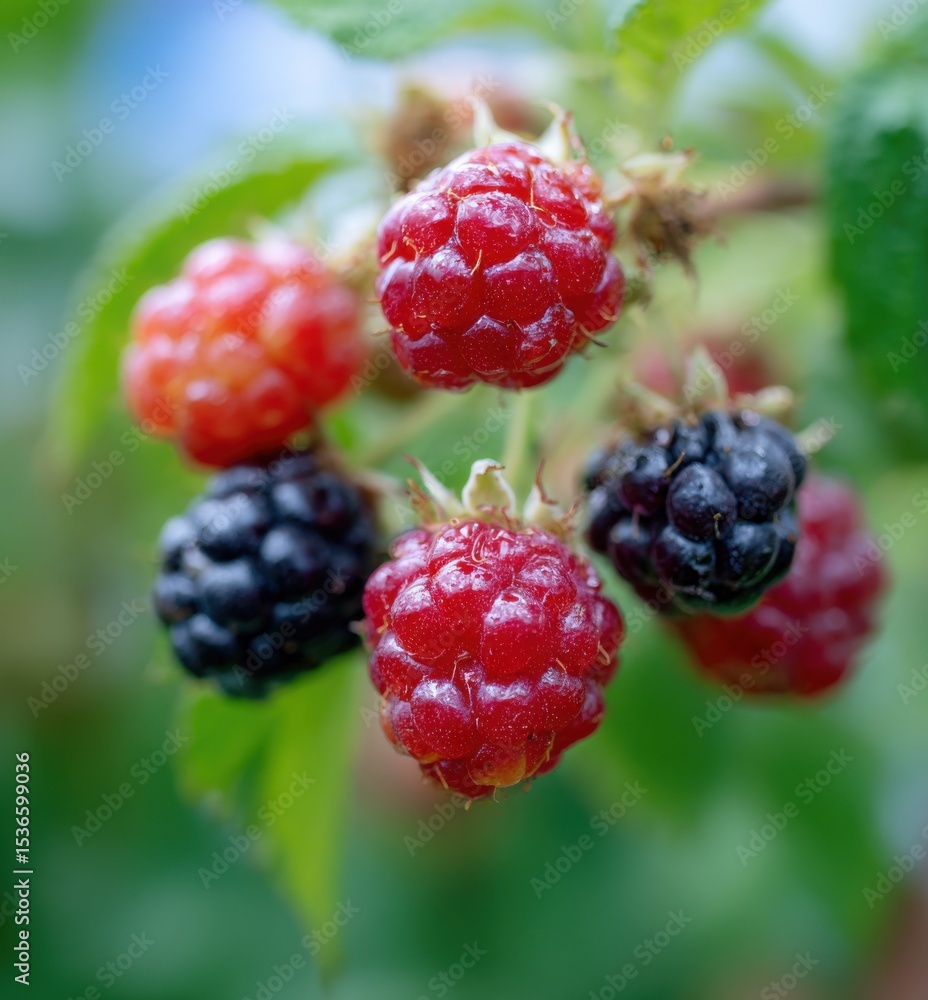 Poster close-up of ripe and unripe raspberries on a branch, symbolizing growth and healthy eating for a nut