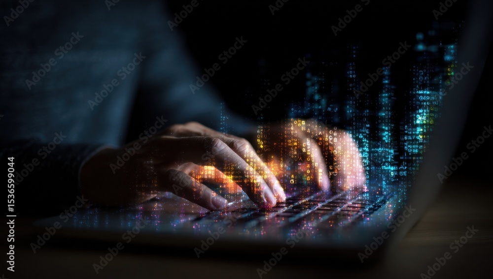 Poster Hands Typing on Laptop Keyboard With Glowing Code Overlay, Illustrating Cybersecurity and Digital Transformation in Business : Generative AI