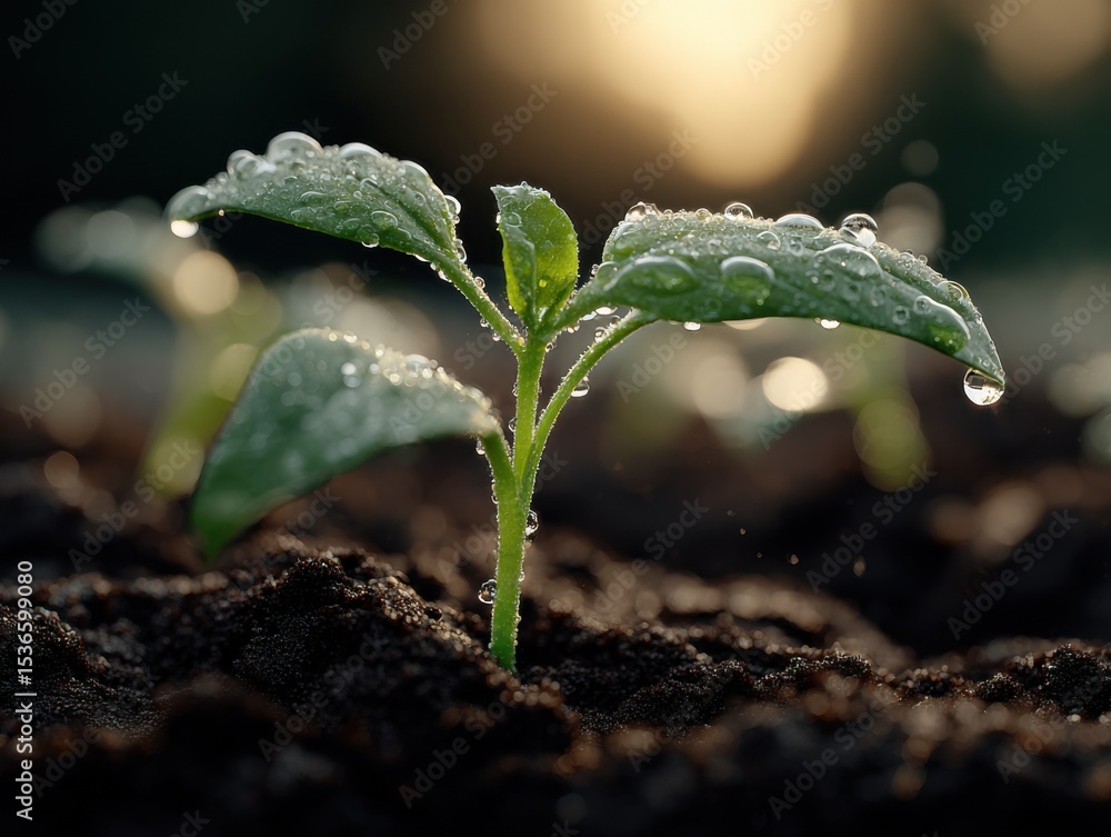 Poster young plant sprout covered in dew drops emerging from soil, symbolizing growth and sustainable agric