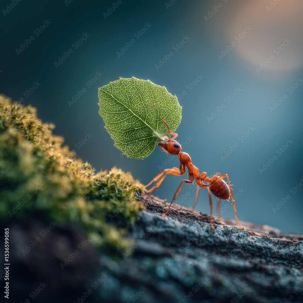 Poster ant carrying leaf on mossy branch, symbolizing teamwork and determination in nature and environmenta
