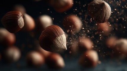 Hazelnuts Floating in Dark Space With Debris, Representing Healthy Eating and Ingredient Sourcing for Food Production and Recipe Development : Generative AI