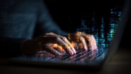 Hands Typing on Laptop Keyboard With Glowing Code Overlay, Illustrating Cybersecurity and Digital Transformation in Business : Generative AI