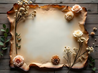 Flatlay of Torn Vintage Paper with Dried Flowers: Flatlay of torn vintage paper with burnt edges placed on rustic wood, decorated with dried flowers and green leaves in soft natural light.