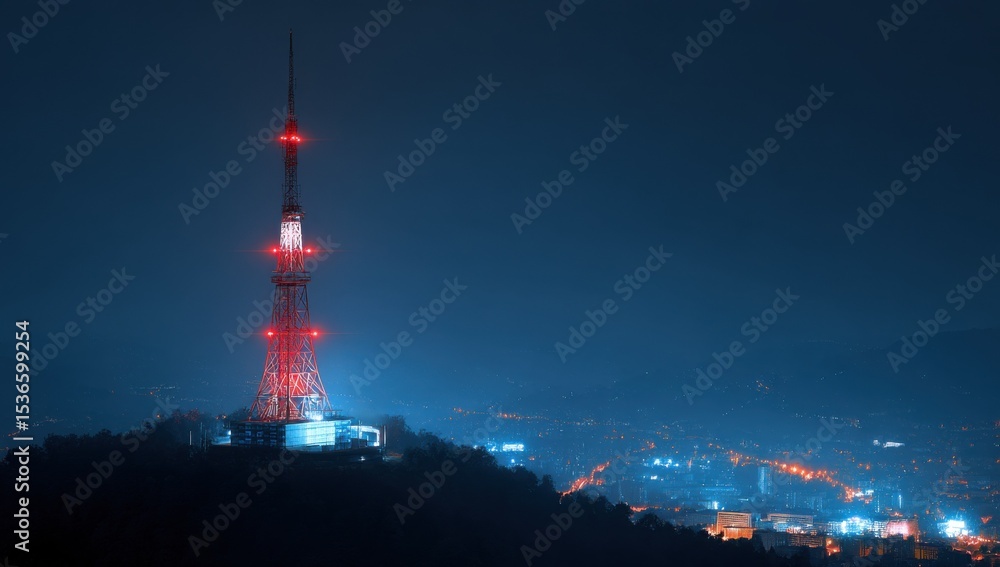 Poster illuminated television tower overlooking city at night, symbolizing communication and technological 