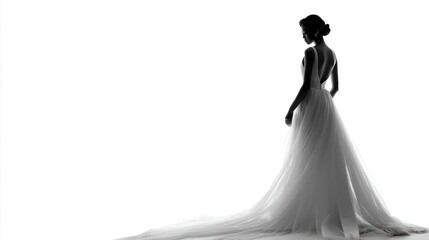 Side profile of a bride showcasing the gown's sharp tailoring and silhouette, set against a plain white background to emphasize form and design