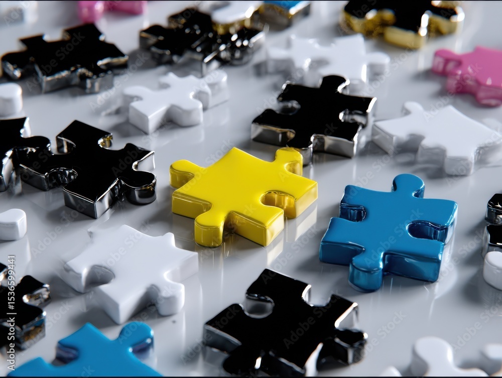 Poster colorful puzzle pieces scattered on a white surface, symbolizing teamwork and problem solving for bu