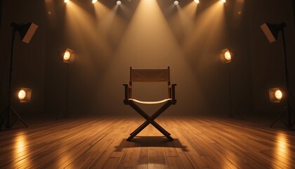 Director chair illuminated by professional studio lights in cinematic setting on wooden floor