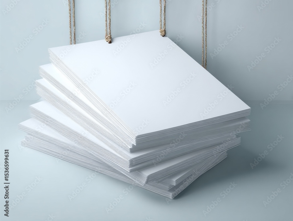 Poster stack of white paper hanging by ropes, representing organization and cleanliness for business statio