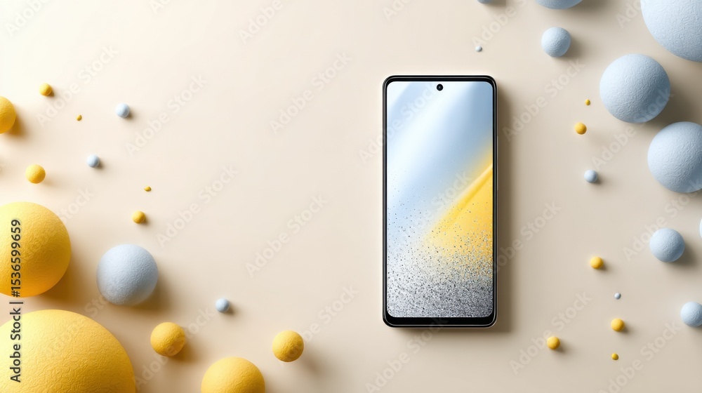 Poster smartphone mockup on beige background with spheres, displaying innovation and modern communication t