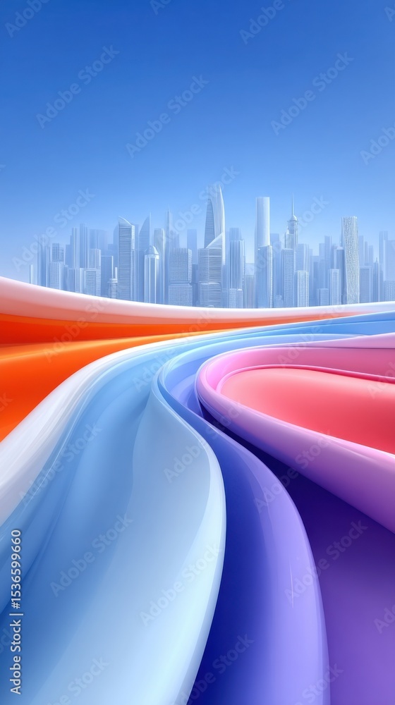 Poster abstract wavy lines leading to cityscape skyline, representing innovation and future technology, ide