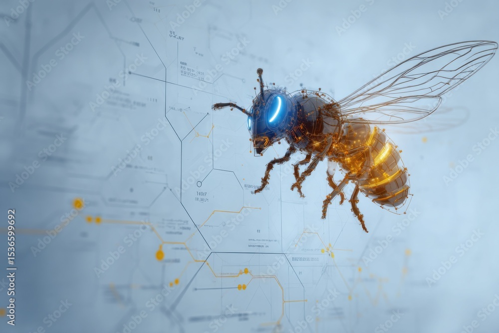 Poster Futuristic Cybernetic Bee on a Circuit Board, Representing Technological Innovation and Digital Transformation in the Age of Artificial Intelligence : Generative AI